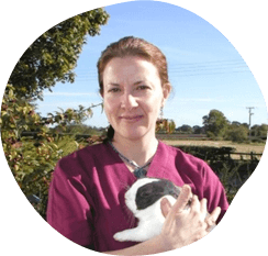 A woman holding a rabbit in a field
