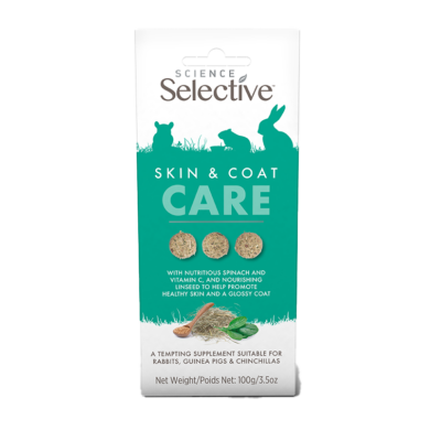 The image shows a packet of Science Selective Skin & Coat Care, a supplement for small pets. The packaging features an image of rabbits on the front, along with the product name "Skin & Coat Care" in large letters. The product is enriched with nutritious spinach, Vitamin C, and nourishing linseed to help promote healthy skin and a glossy coat. It is suitable for rabbits, guinea pigs, and chinchillas, and is available in a 100g (3.5oz) packet.