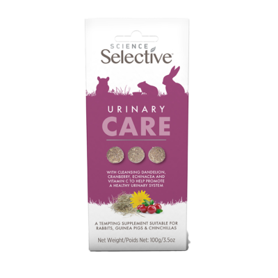 Packaging of Science Selective Urinary Care supplement, featuring three pieces of the supplement. The packaging highlights ingredients such as dandelion, cranberry, echinacea, and vitamin C, promoting a healthy urinary system for rabbits, guinea pigs, and chinchillas. The background is purple, with a silhouette of rabbits and flowers.
